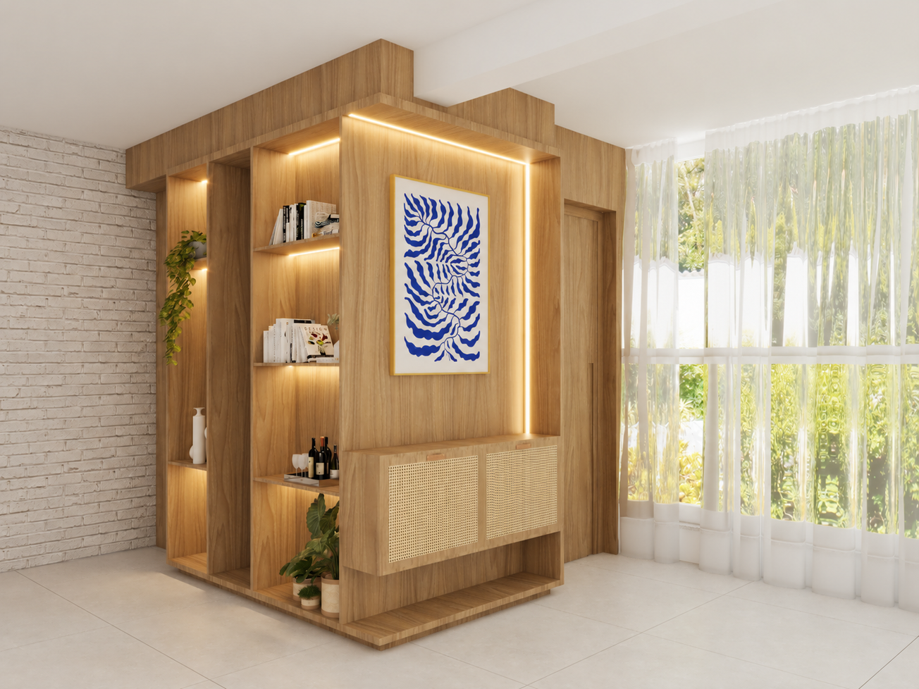 Projeto de home office com marcenaria em madeira, iluminação integrada e luz natural